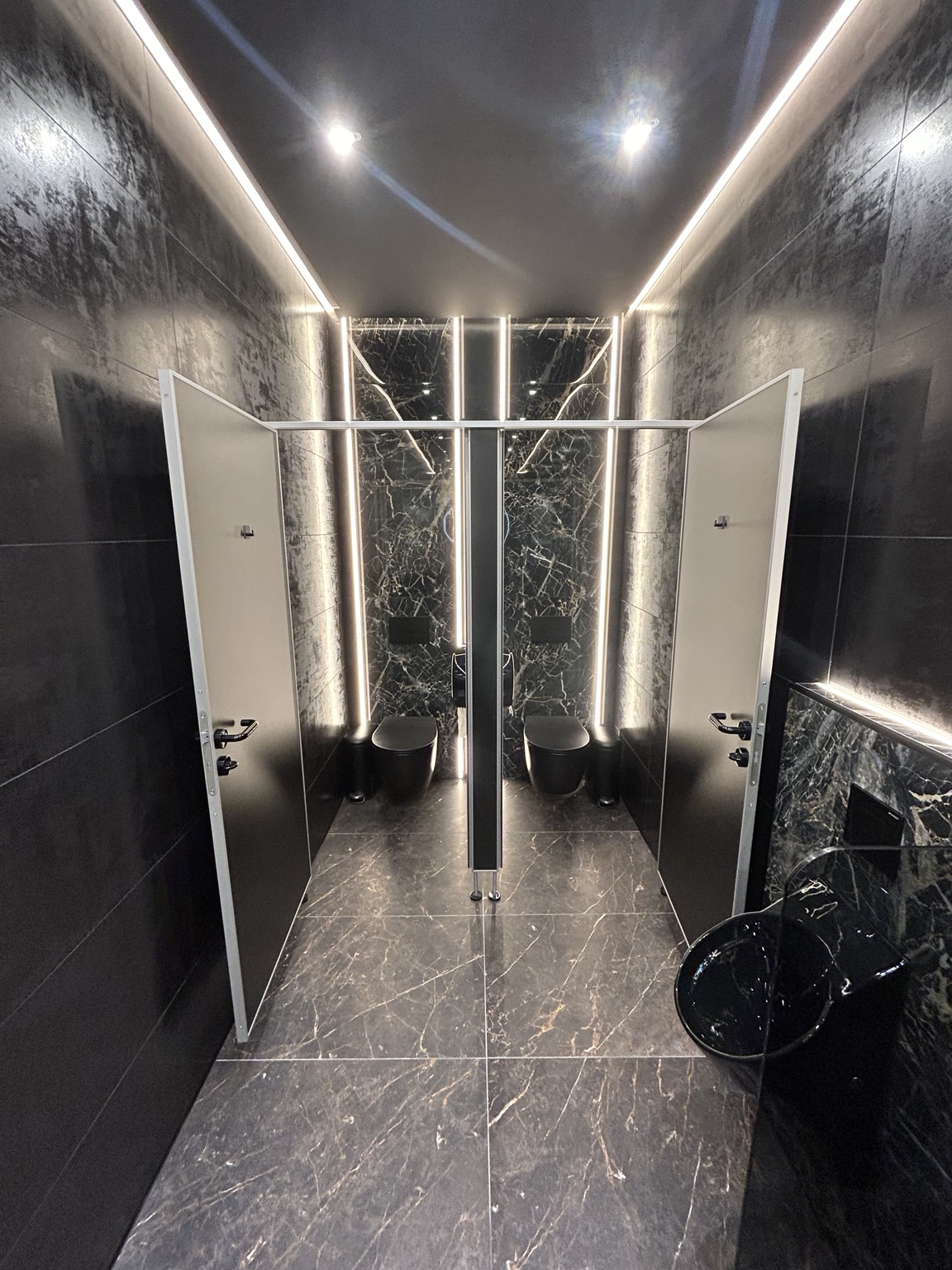 Gewerbliche WC-Anlage mit Marmoroptik-Akzentwänden und Lichtlinien